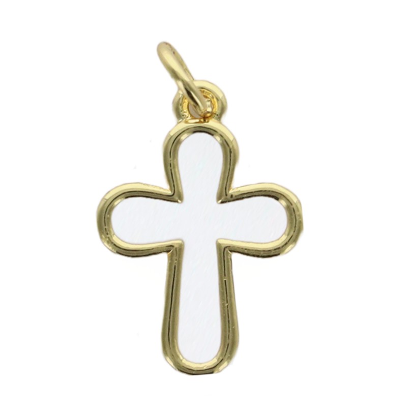 Croix de cou, couleur doree et interieur blanc, H. 1,8 cm.