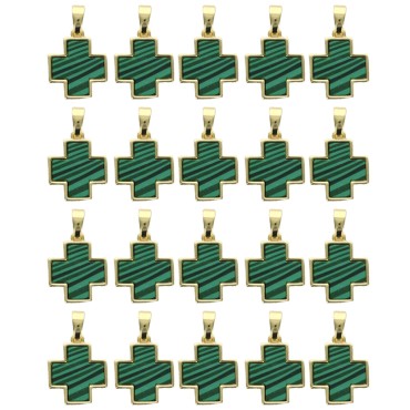 Croix de cou carree couleur doree, facette style malachite, H. 1,5 cm. LOT DE 5
