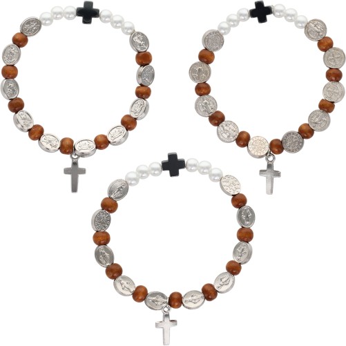 Bracelet dizainier avec médaille en métal, grains en bois et une croix. Modèles disponibles avec différents Saints.