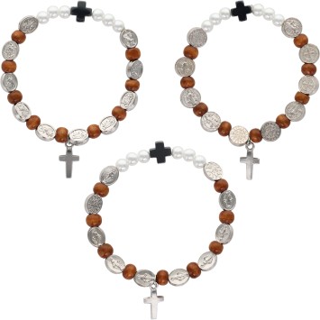Bracelet dizainier avec médaille en métal, grains en bois et une croix. Modèles disponibles avec différents Saints.