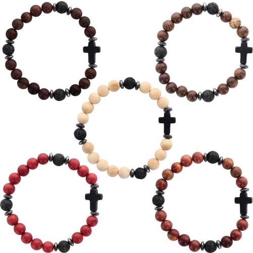 Bracelet sur elastique grains en bois et pierre de lave Ø 8 mm avec croix en pierre. LOT DE 5 ASSORTIS.