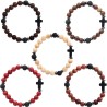 Bracelet sur elastique grains en bois et pierre de lave Ø 8 mm avec croix en pierre. LOT DE 5 ASSORTIS.