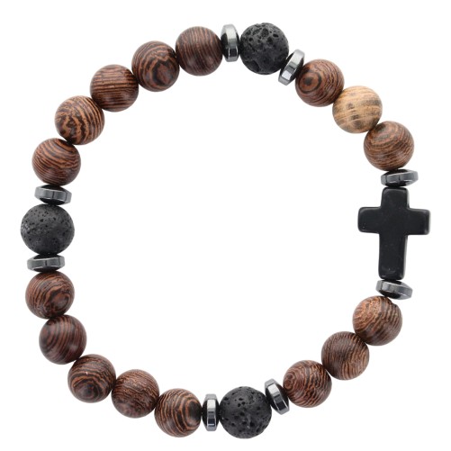 Bracelet sur elastique grains en bois et pierre de lave Ø 8 mm avec croix en pierre. LOT DE 5 ASSORTIS.