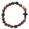 Bracelet sur elastique grains en bois et pierre de lave Ø 8 mm avec croix en pierre. LOT DE 5 ASSORTIS.