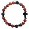 Bracelet sur elastique grains en bois et pierre de lave Ø 8 mm avec croix en pierre. LOT DE 5 ASSORTIS.