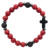 Bracelet sur elastique grains en bois et pierre de lave Ø 8 mm avec croix en pierre. LOT DE 5 ASSORTIS.