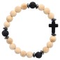 Bracelet sur elastique grains en bois et pierre de lave Ø 8 mm avec croix en pierre. LOT DE 5 ASSORTIS.