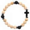 Bracelet sur elastique grains en bois et pierre de lave Ø 8 mm avec croix en pierre. LOT DE 5 ASSORTIS.