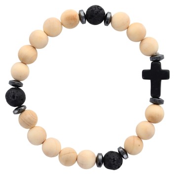 Bracelet sur elastique grains en bois et pierre de lave Ø 8 mm avec croix en pierre. LOT DE 5 ASSORTIS.