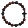 Bracelet sur elastique grains en bois et pierre de lave Ø 8 mm avec croix en pierre. LOT DE 5 ASSORTIS.
