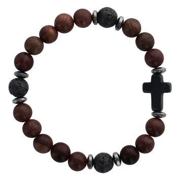 Bracelet sur elastique grains en bois et pierre de lave Ø 8 mm avec croix en pierre. LOT DE 5 ASSORTIS.