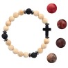 Bracelet sur elastique grains en bois et pierre de lave Ø 8 mm avec croix en pierre. LOT DE 5 ASSORTIS.