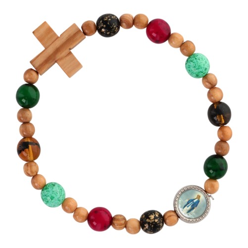 Bracelet dizainier sur élastique grains en bois et en verre multicolore Ø 7 mm avec croix en bois, résine VM