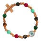 Bracelet dizainier sur élastique grains en bois et en verre multicolore Ø 7 mm avec croix en bois, résine VM
