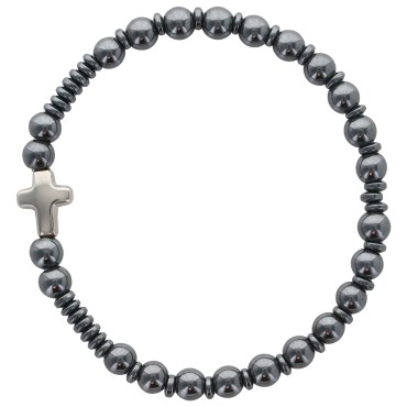 Bracelet sur elastique grains en hematite et croix metal.