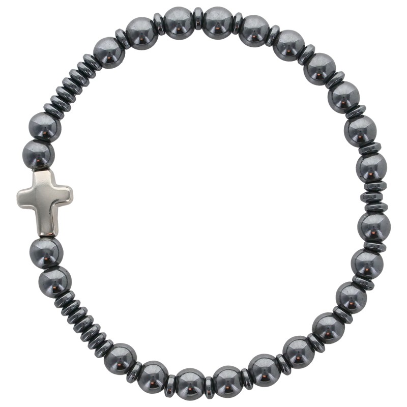 Bracelet sur elastique grains en hematite et croix metal.