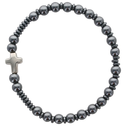Bracelet sur elastique grains en hematite et croix metal.