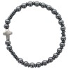 Bracelet sur elastique grains en hematite et croix metal.