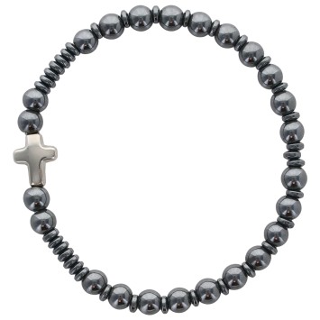 Bracelet sur elastique grains en hematite et croix metal.