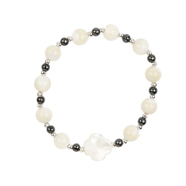Bracelet dizainier sur élastique grains en nacre et hématite Ø 7 mm avec croix nacre.