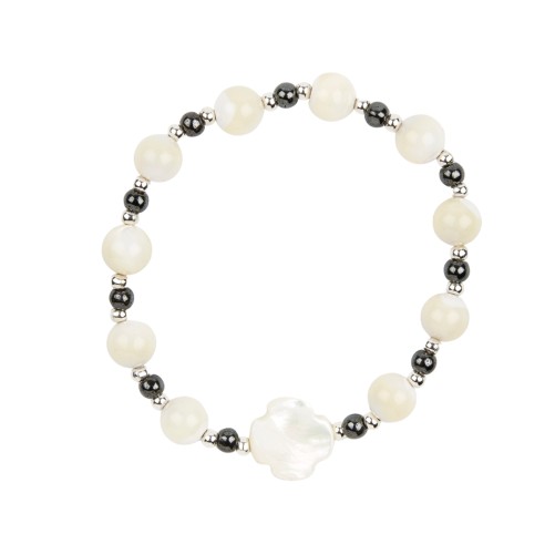 Bracelet dizainier sur élastique grains en nacre et hématite Ø 7 mm avec croix nacre.
