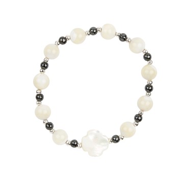 Bracelet dizainier sur élastique grains en nacre et hématite Ø 7 mm avec croix nacre.