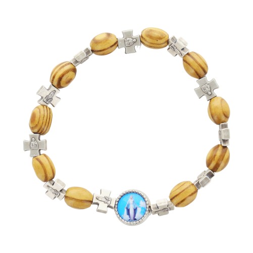 Bracelet dizainier sur élastique grains en bois Ø 9 mm et grains croix en métal, avec résine VM