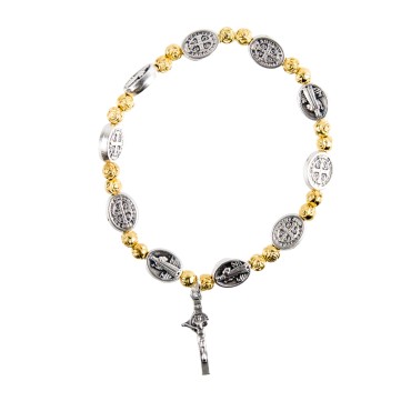 Bracelet dizainier couleur argentée et dorée avec grains médaille de saint Benoit Ø 7 mm et croix.