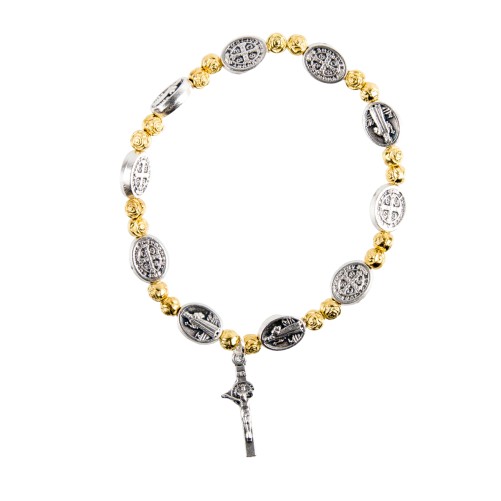 Bracelet dizainier couleur argentée et dorée avec grains médaille de saint Benoit Ø 7 mm et croix.