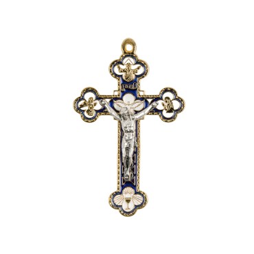 Croix baroque couleur dorée et emaillée en bleu et blanc avec Christ métal couleur argentée - H. 8,5 cm.