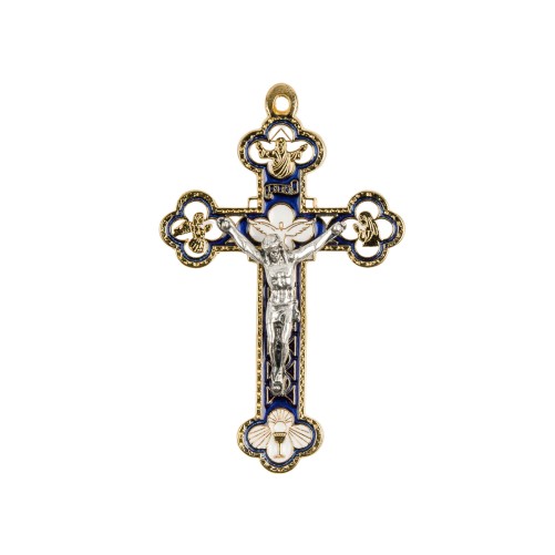 Croix baroque couleur dorée et emaillée en bleu et blanc avec Christ métal couleur argentée - H. 8,5 cm.