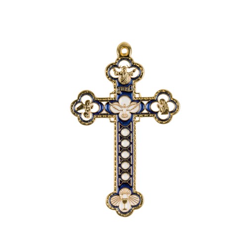 Croix baroque couleur dorée et emaillée en bleu et blanc - H. 8,5 cm.