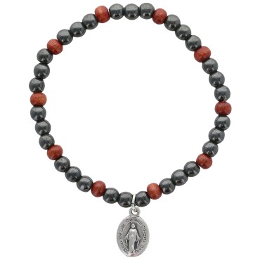 Bracelet dizainier sur elastique pour enfant grains en hematite et bois avec medaille de la Vierge Miraculeuse.
