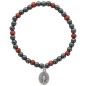 Bracelet dizainier sur elastique pour enfant grains en hematite et bois avec medaille de la Vierge Miraculeuse.