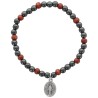 Bracelet dizainier sur elastique pour enfant grains en hematite et bois avec medaille de la Vierge Miraculeuse.