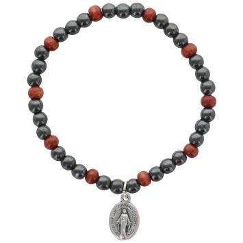 Bracelet dizainier sur elastique pour enfant grains en hematite et bois avec medaille de la Vierge Miraculeuse.