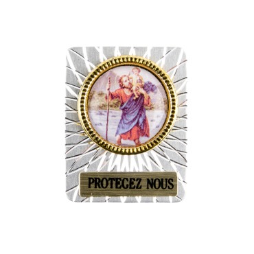 Plaque auto striée H. 3,4 cm en alu avec résine saint Christophe.