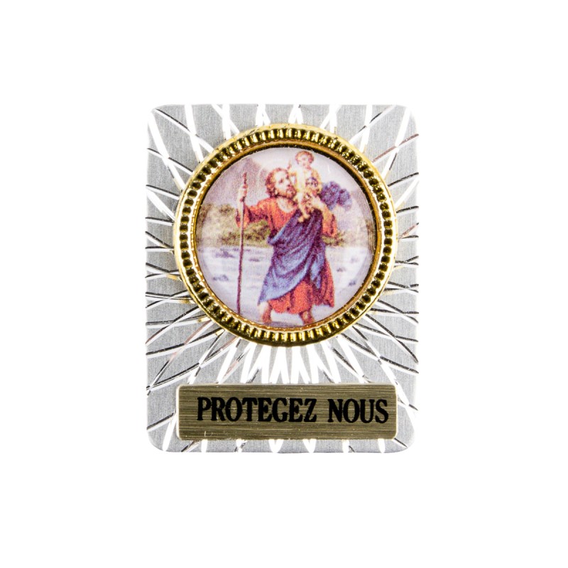Plaque auto striée H. 3,4 cm en alu avec résine saint Christophe.