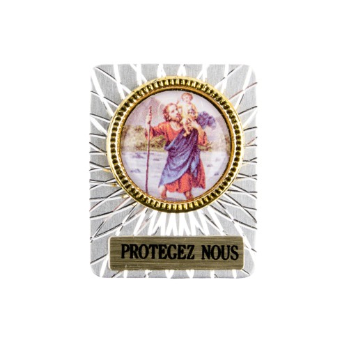 Plaque auto striée H. 3,4 cm en alu avec résine saint Christophe.