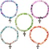 Bracelet sur elastique avec grains ronds en jade blanc naturelle de 6 mm de diametre, avec croix en metal. LOT DE 5 ASSORTIS