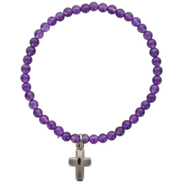 Bracelet sur elastique en pierre naturelle ou synthetique Ø 4 mm avec croix. Plusieurs modeles.