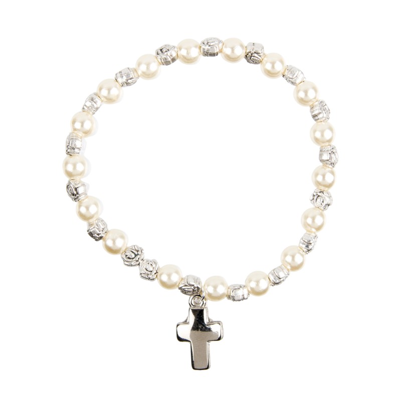 Bracelet sur élastique grains nacres blancs Ø 6 mm, avec croix.
