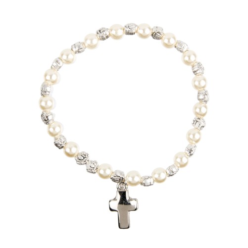 Bracelet sur élastique grains nacres blancs Ø 6 mm, avec croix.