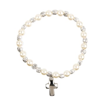 Bracelet sur élastique grains nacres blancs Ø 6 mm, avec croix.