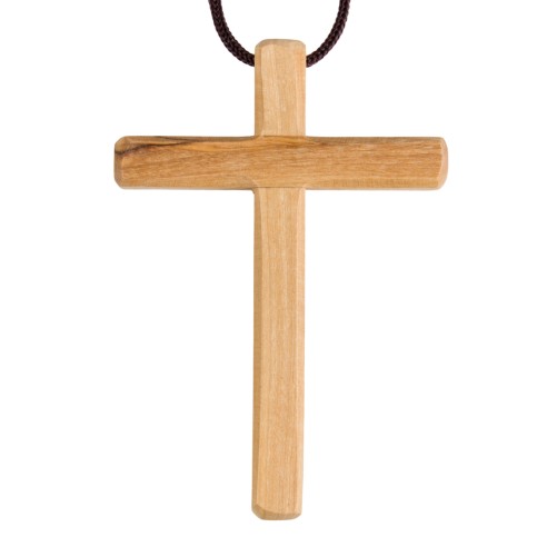 Croix d aube en bois d olivier de Terre Sainte bords biseautes 10 cm avec petit cordon marron 5 cm.