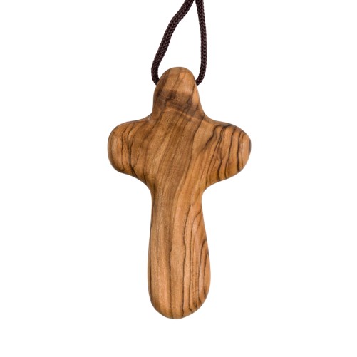 Croix du reconfort en bois d olivier de Terre Sainte 8,7 cm avec petit cordon marron 5 cm.