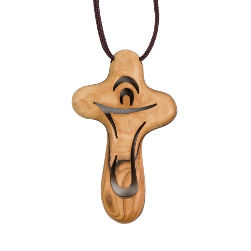 Croix du reconfort en bois d olivier de Terre Sainte Christ ajoure 8,7 cm cordon marron 60 cm.