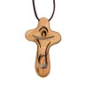 Croix du reconfort en bois d olivier de Terre Sainte Christ ajoure 8,7 cm cordon marron 60 cm.