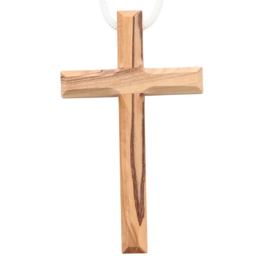 Croix d aube en bois d olivier de Terre Sainte bords biseautes 10 cm avec cordon blanc 60 cm.