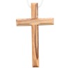 Croix d aube en bois d olivier de Terre Sainte bords biseautes 10 cm avec cordon blanc 60 cm.